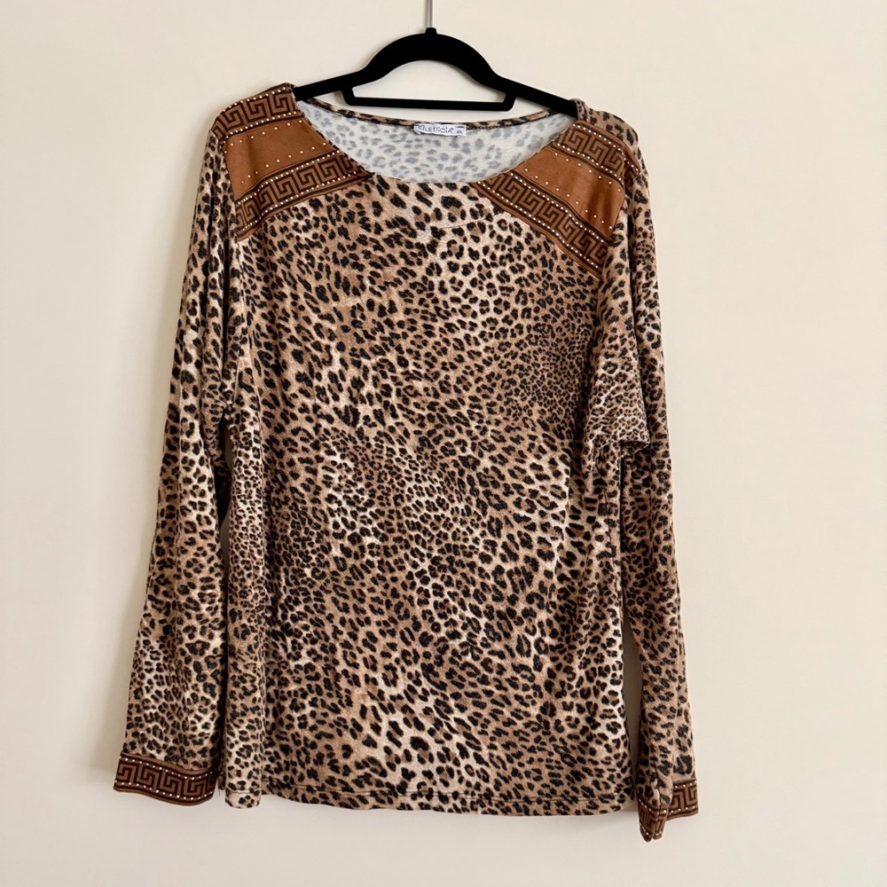 Letticia Leopard Print Top XXL Brown Studded Greek Key Plus Size Shirt